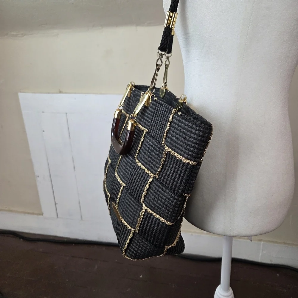 Bartucci Made in Italy Woven‎ Black Gold Tote Bag Rope Strap Top Handle